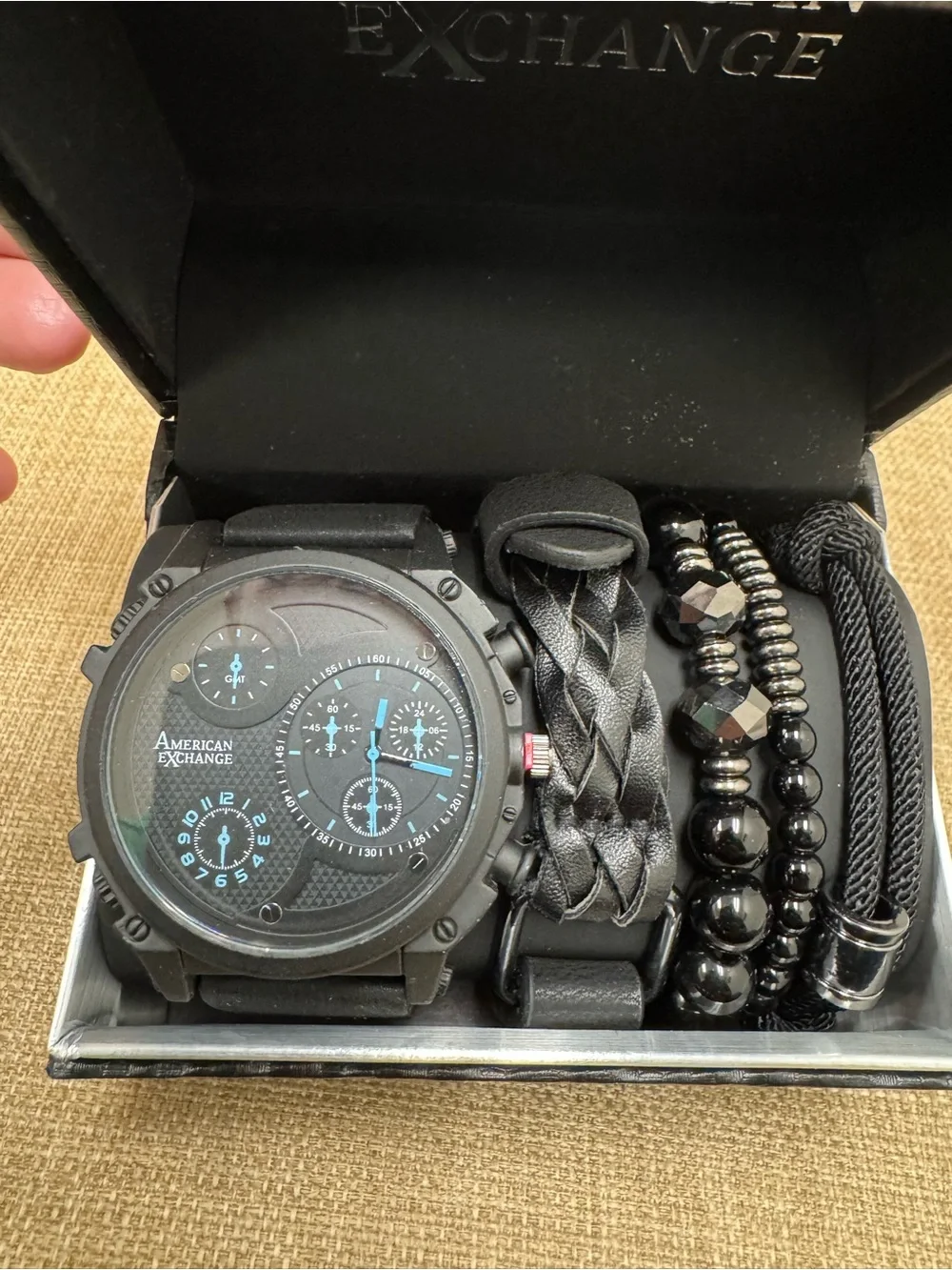 American Exchange Men's 4-Piece Watch & Bracelet Set Metal/Faux Leather Black